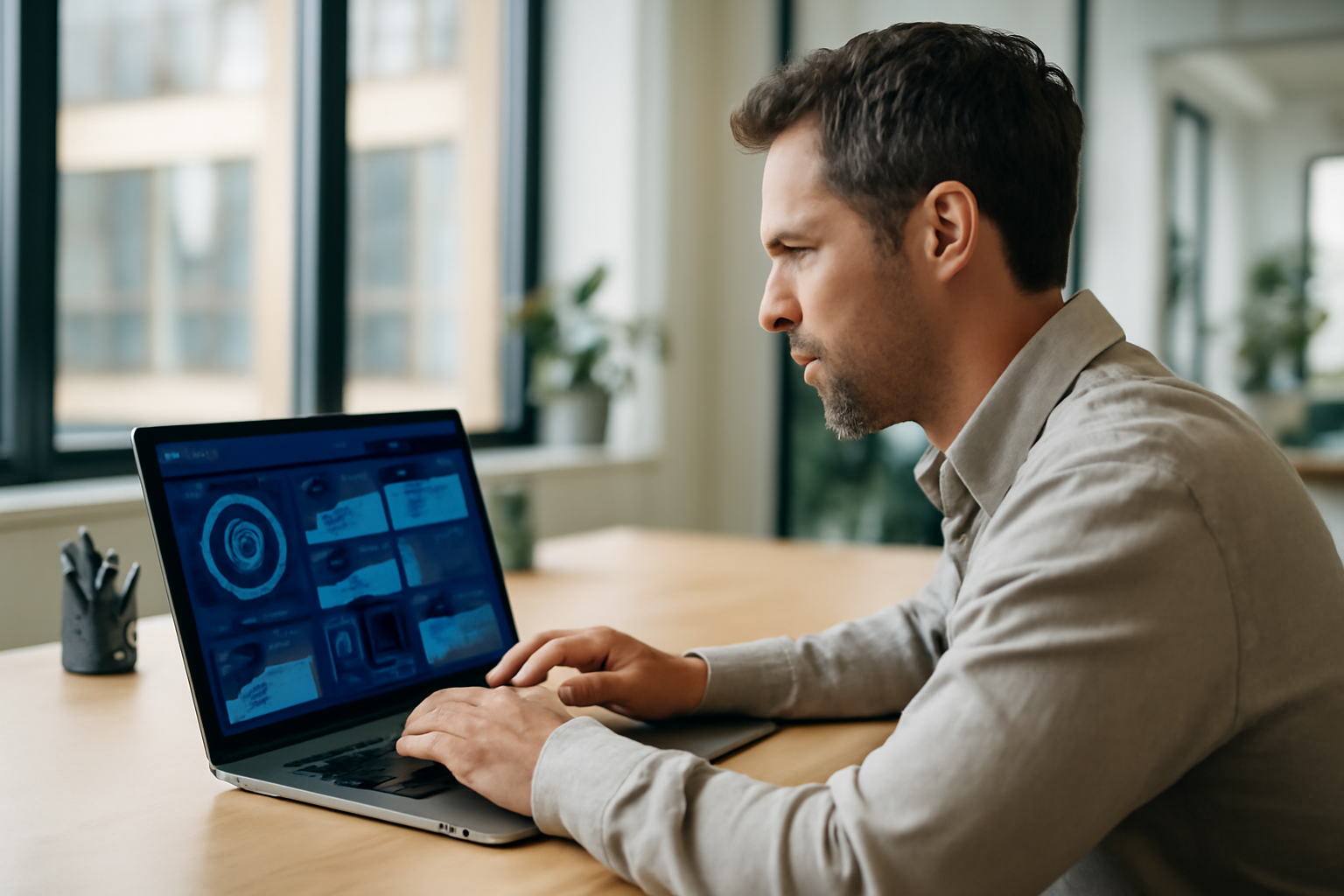 Consultation d’une plateforme IA sur ordinateur portable en bureau lumineux