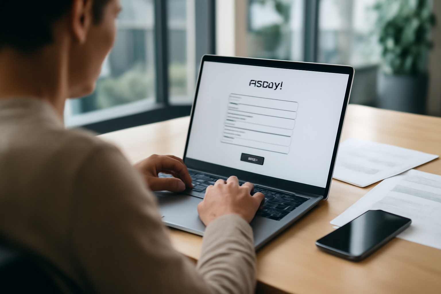 Équipe éditoriale travaillant sur une page de contact, ordinateur portable et documents dans un bureau lumineux