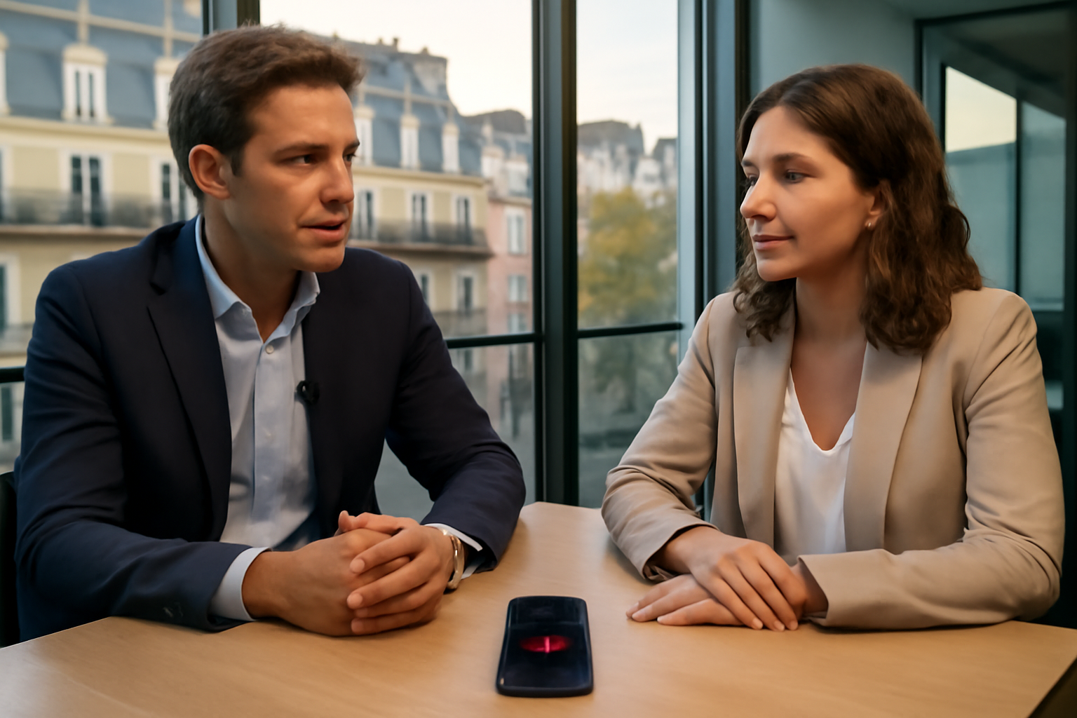 dicte ai enregistrement et transcription de réunion sur smartphone en environnement de bureau