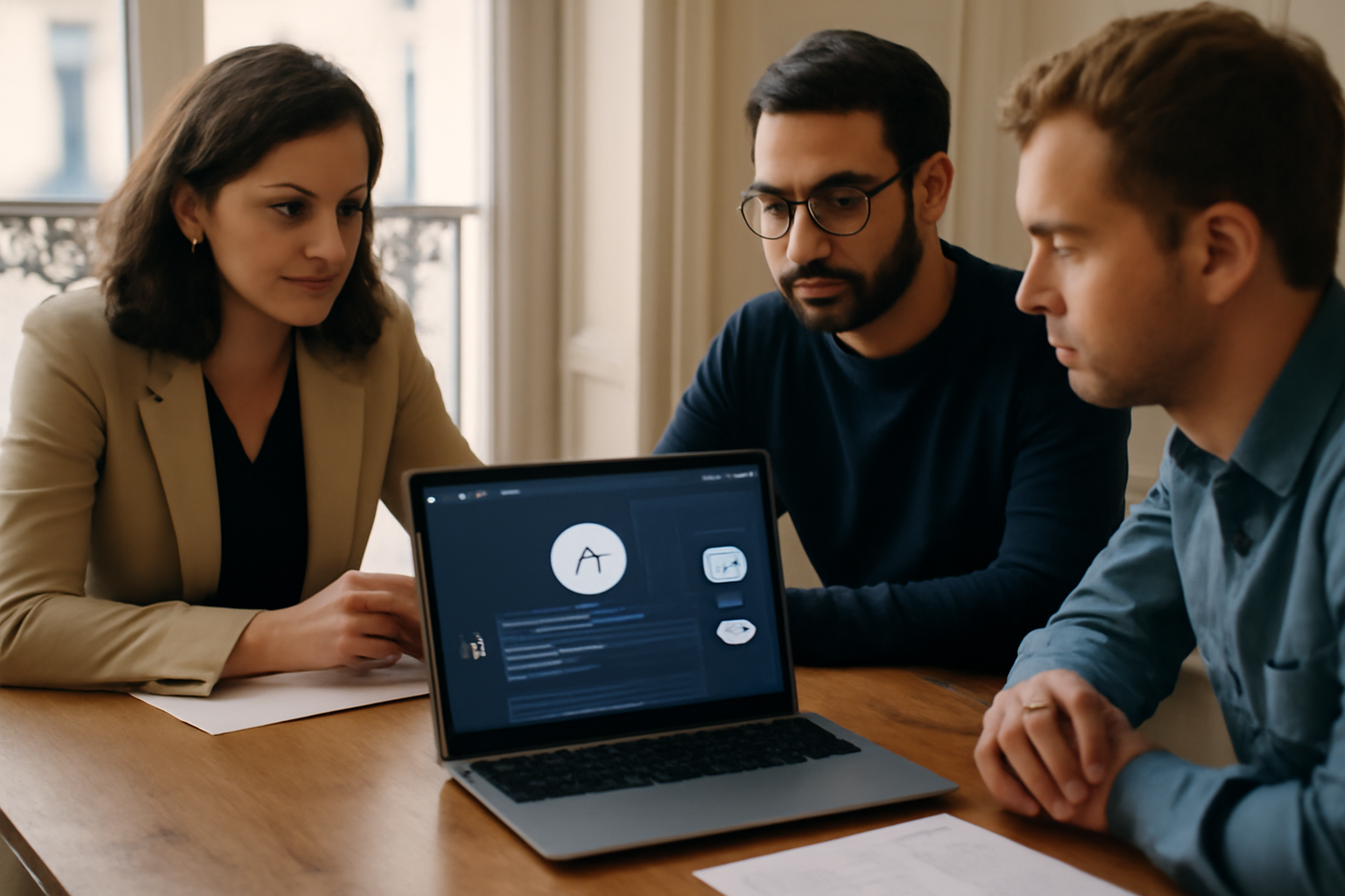Dust IA : équipe en salle de réunion, écran affichant un agent IA connecté aux documents
