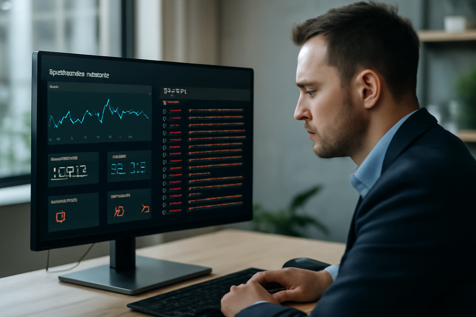 Technicien vérifiant un tableau de bord d’automatisation et des logs d’erreurs sur un écran