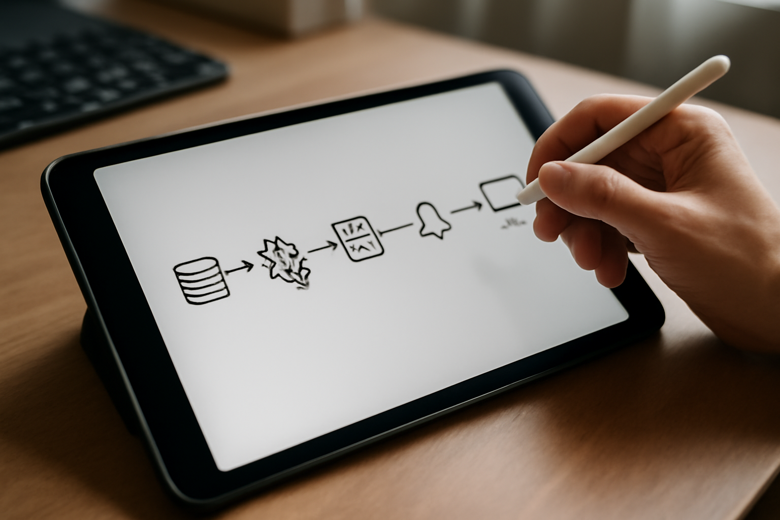 Schéma de workflow sur une tablette montrant étapes d’un scénario d’intégration entre outils