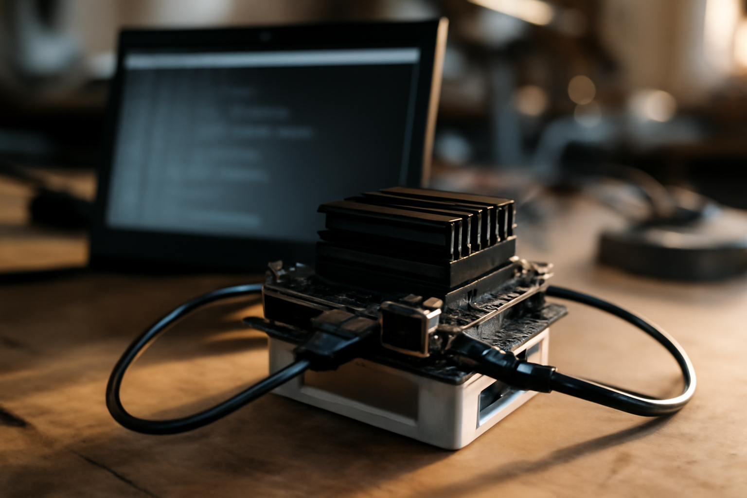 Jetson Nano sur une table de travail avec carte microSD et écran relié