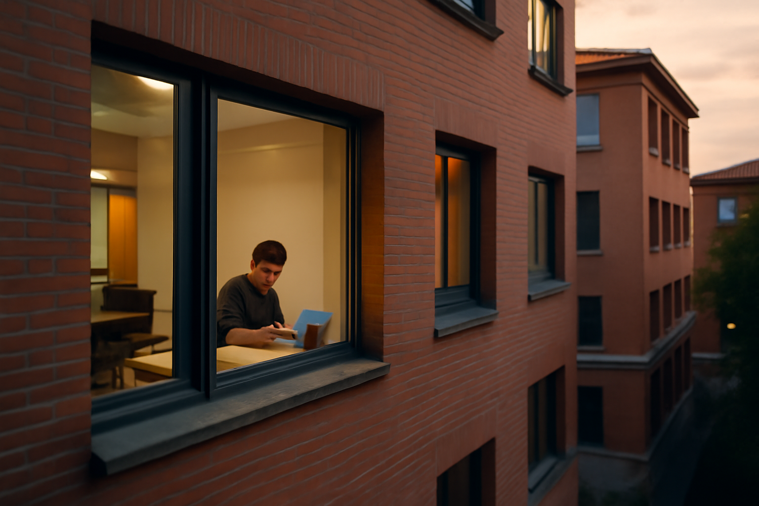 Vue extérieure d’un bâtiment de bureau à Toulouse avec une équipe travaillant sur des documents juridiques
