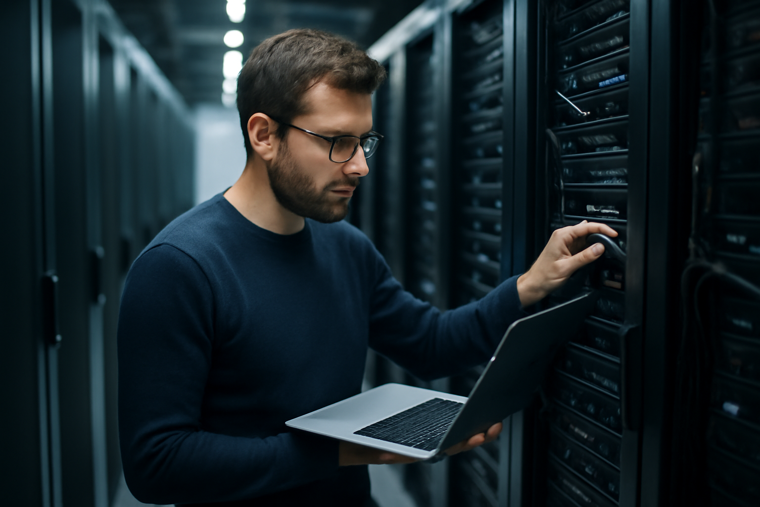 Salle de serveurs informatiques avec des racks et un technicien en tenue de maintenance