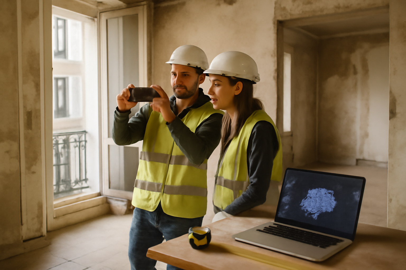 Modèle 3D généré avec polycam sur chantier en France, smartphone et nuage de points