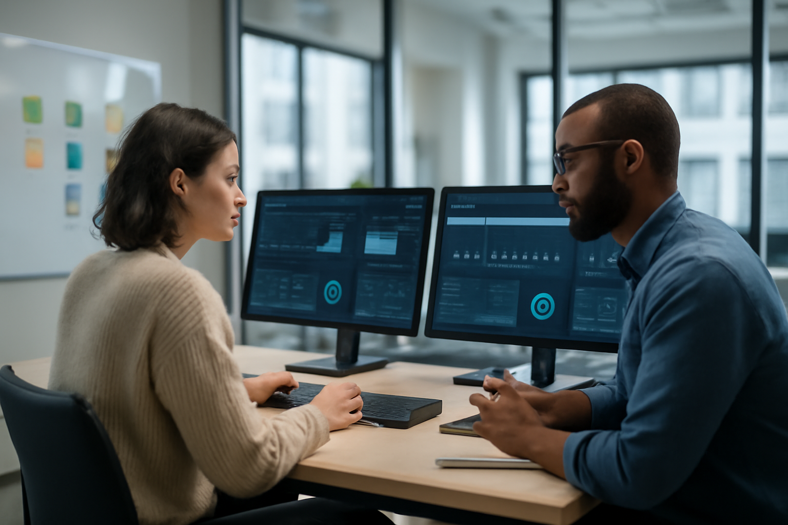 Équipe marketing et produit travaillant sur des tableaux de bord SaaS sur des écrans dans un bureau moderne