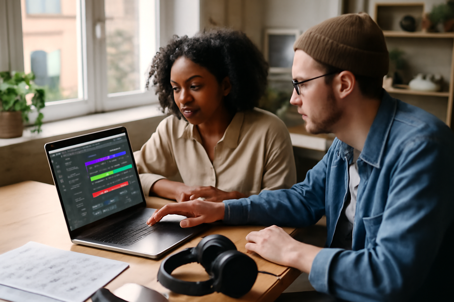 sonauto ai sur écran : interface de création musicale avec casque audio et laptop