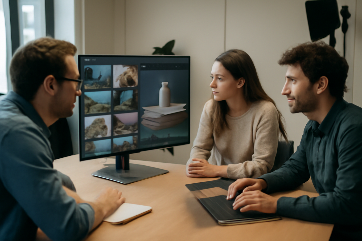 krea ia : équipe marketing en studio photo, écrans affichant des images et maquettes 3D, lumière douce