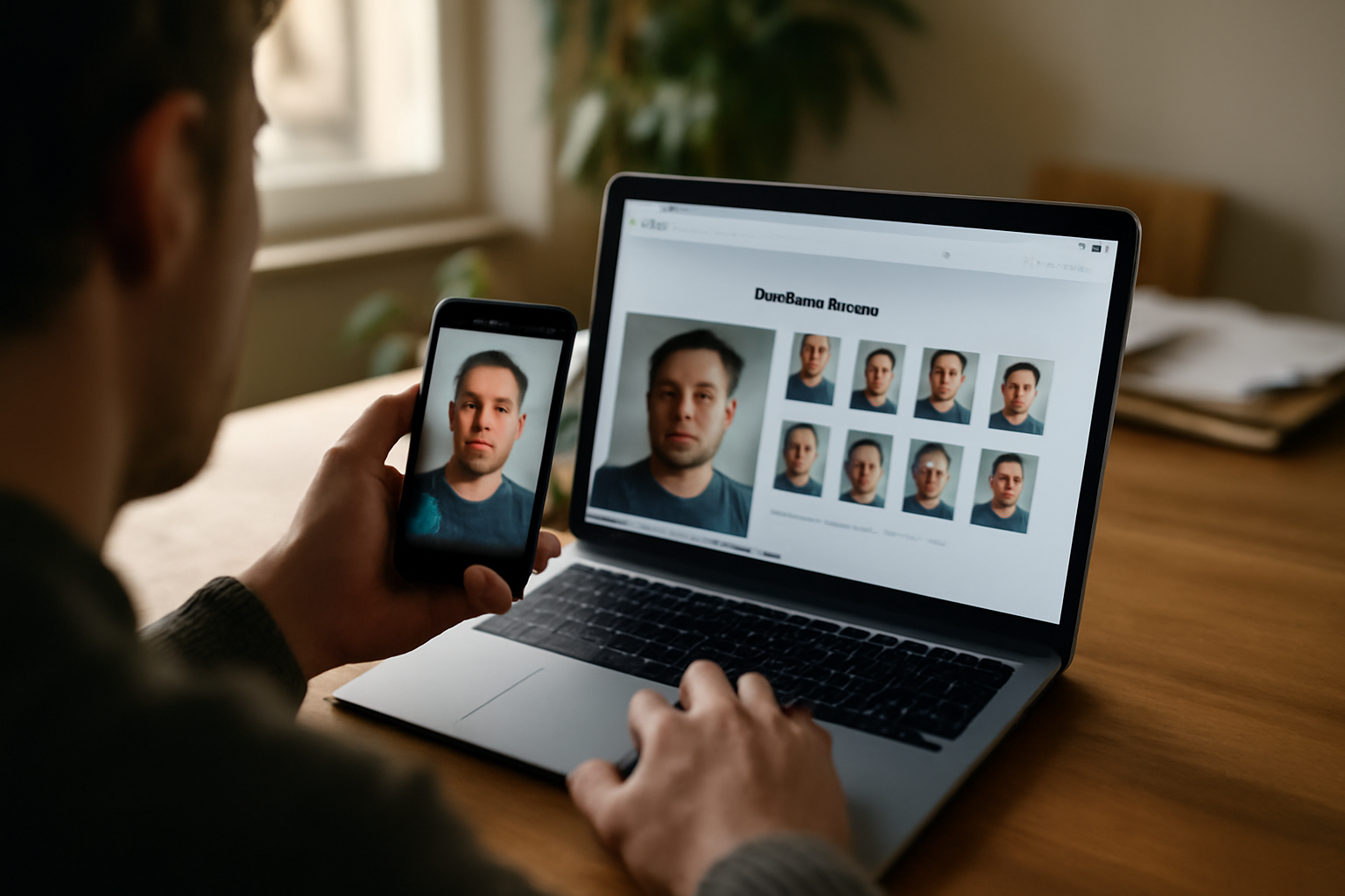 pimeyes recherche d’images inversée sur un visage à l’écran, interface sur ordinateur portable