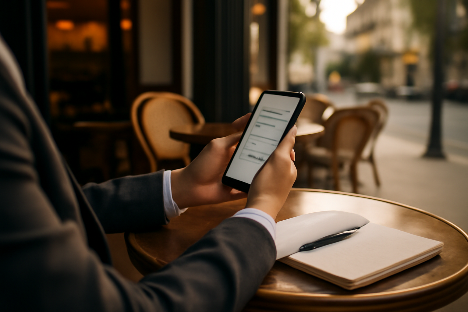 Personne utilisant une application de chat IA « talkie » sur smartphone en France, lumière naturelle