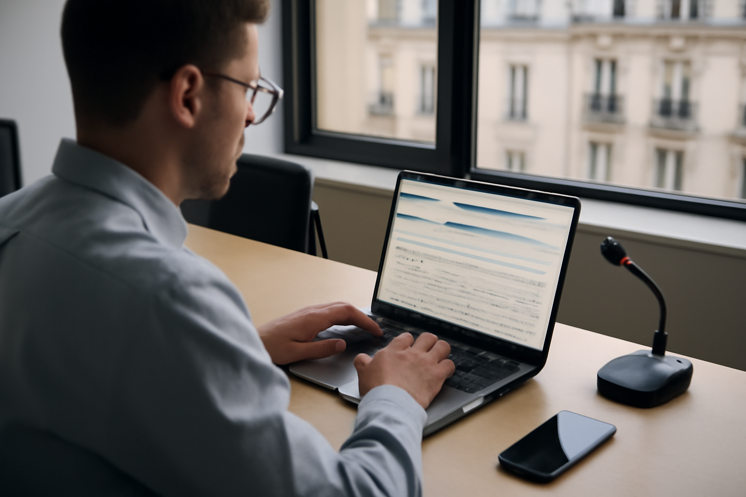 turboscribe ia : transcription sur ordinateur portable en entreprise, micro et fichier audio sur écran