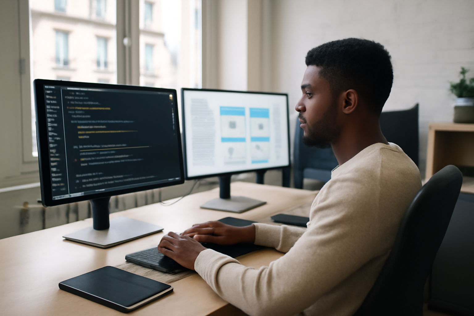 Développeur frontend au bureau avec un écran affichant du code JavaScript et une maquette UI