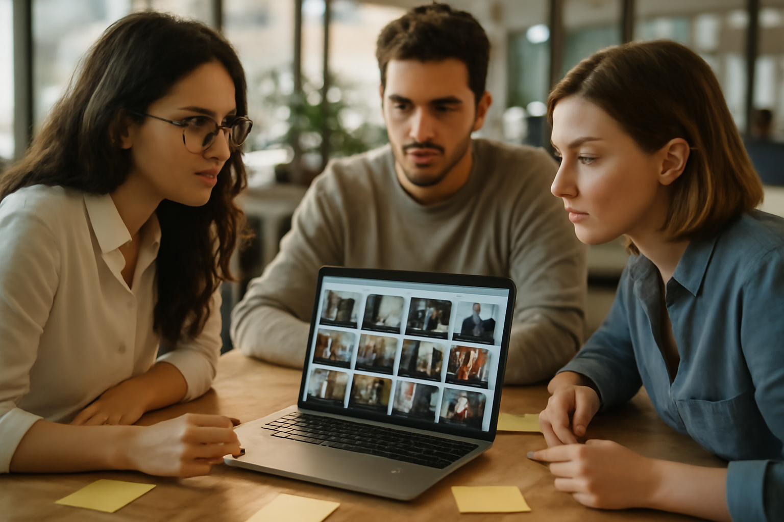 flux.ai : équipe marketing analysant des rendus d’images IA sur ordinateur portable dans une salle de réunion