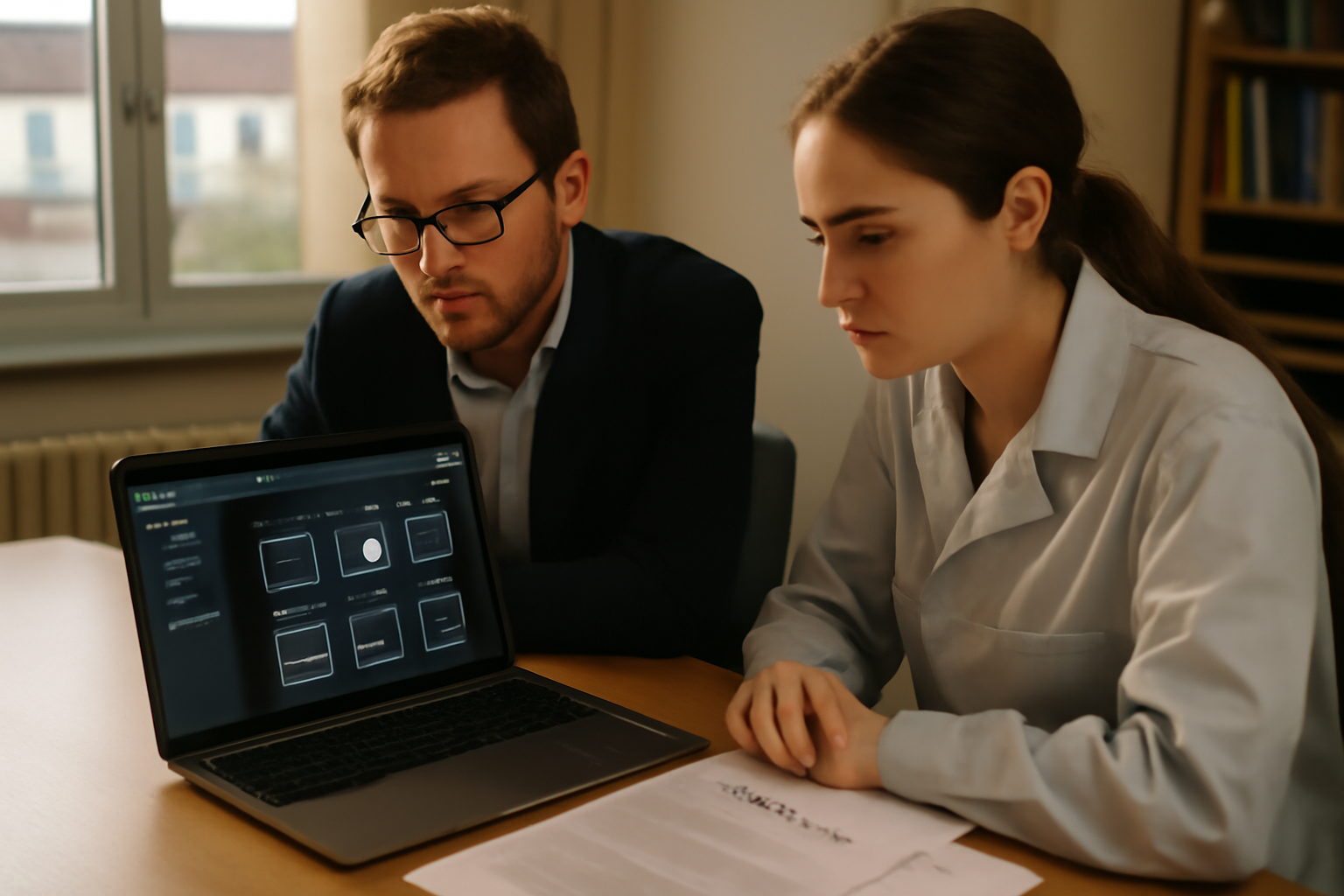 Kreapixel sur un écran d’ordinateur en France, équipe consultant une interface IA dans un bureau lumineux