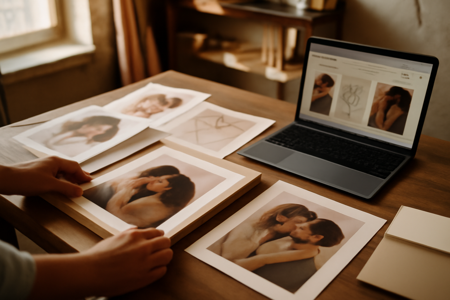 Acheter des œuvres love art : scène photo réaliste d’un atelier déco avec affiches et cadres prêts à l’impression
