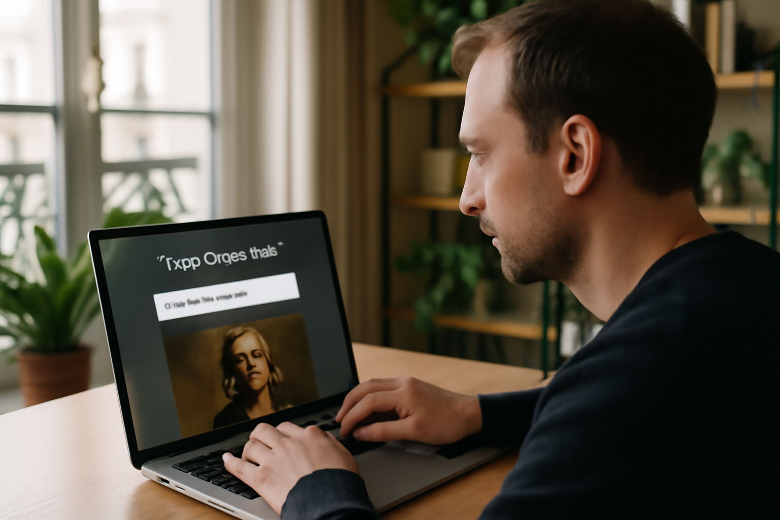 Photo réaliste d’une personne devant un écran montrant l’interface de seaart avec un prompt de portrait