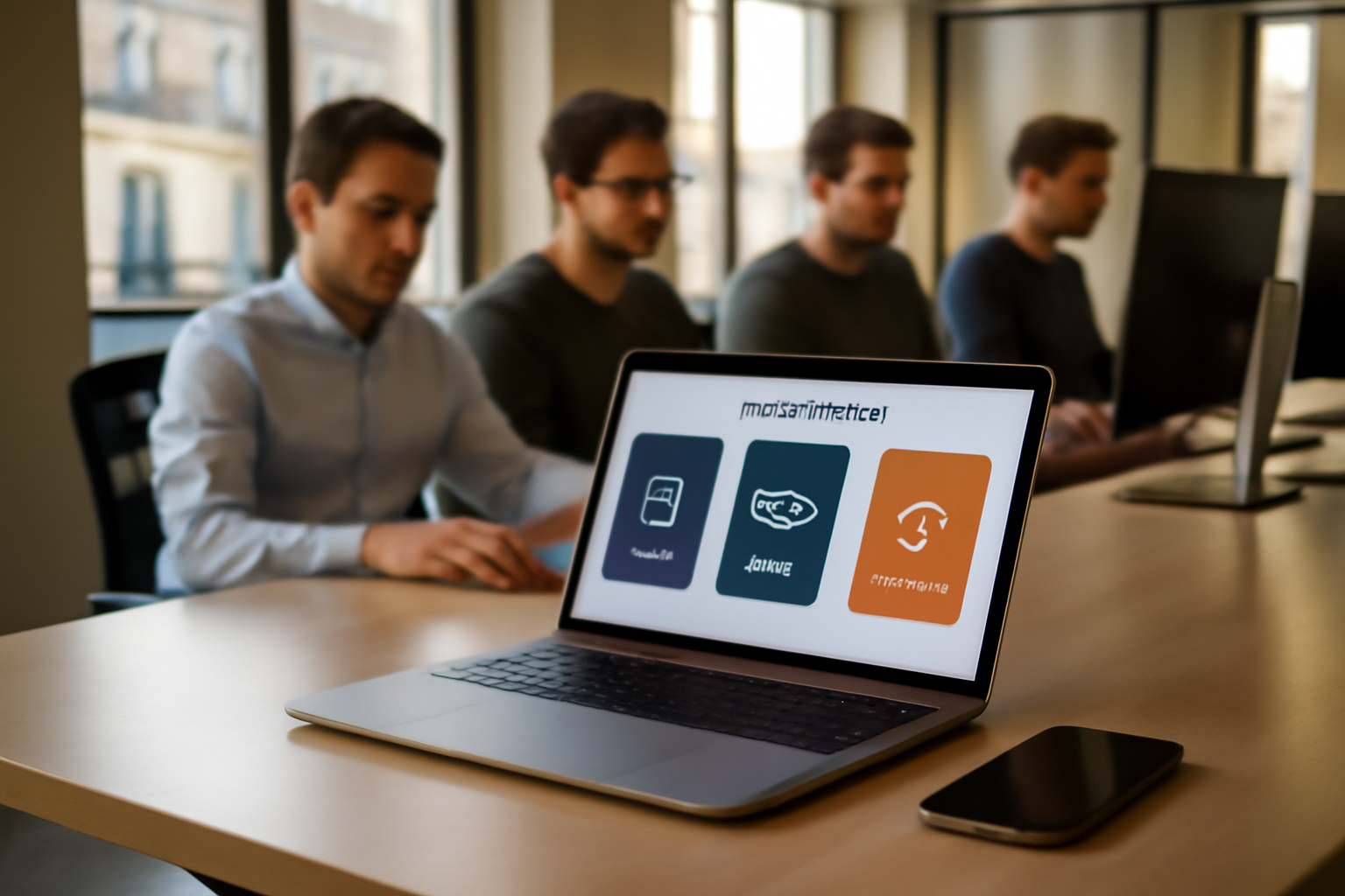 Workflow multimédia avec segmind : génération d’images et vidéos sur écran, équipe technique, lumière naturelle