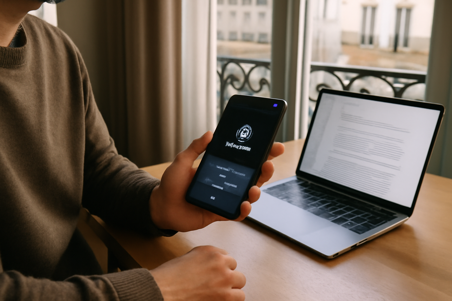spicy chat sur écran d’un téléphone avec page de connexion, interface sombre, lumière naturelle