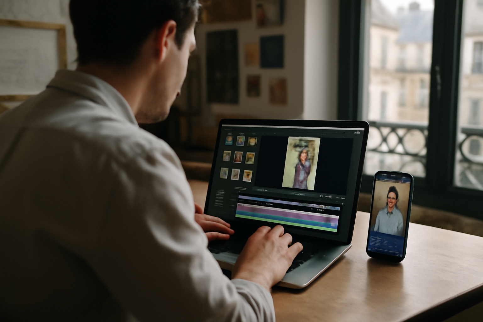 vizard ai sur un écran montrant la découpe de vidéo en shorts, studio avec ordinateur et smartphone