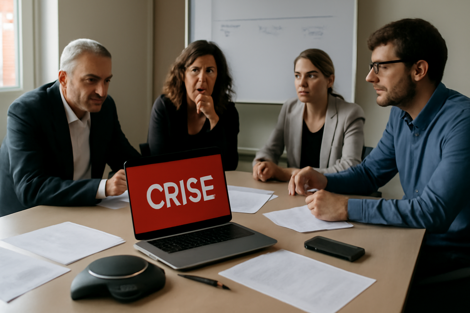Équipe en salle de crise préparant un message de communication de crise sur écran, documents et tableau de suivi