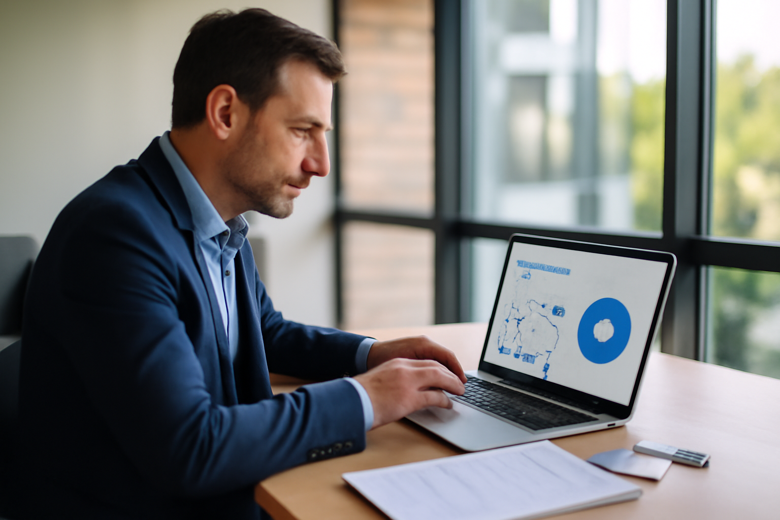 Définition cloud computing : écran d’un responsable PME consultant un tableau de bord de ressources sur un ordinateur portable dans un bureau lumineux