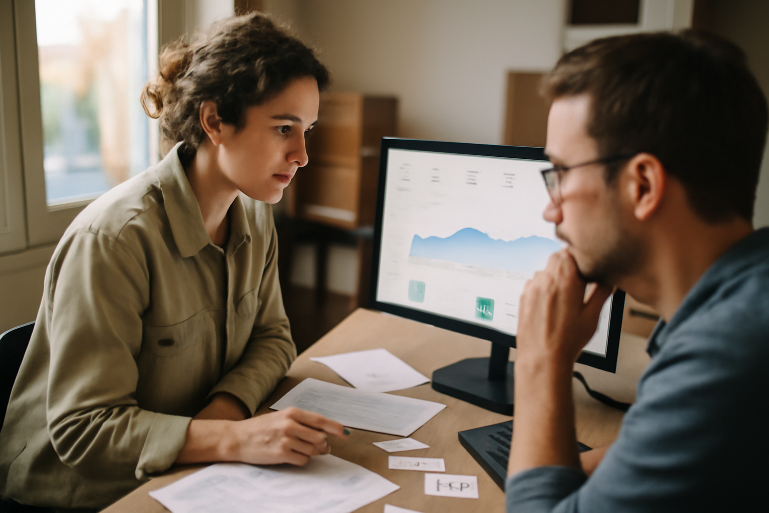 Lean e commerce définition : équipe e-commerce analysant un tableau de bord sur un ordinateur, documents de commande et tickets support sur une table, lumière naturelle de bureau