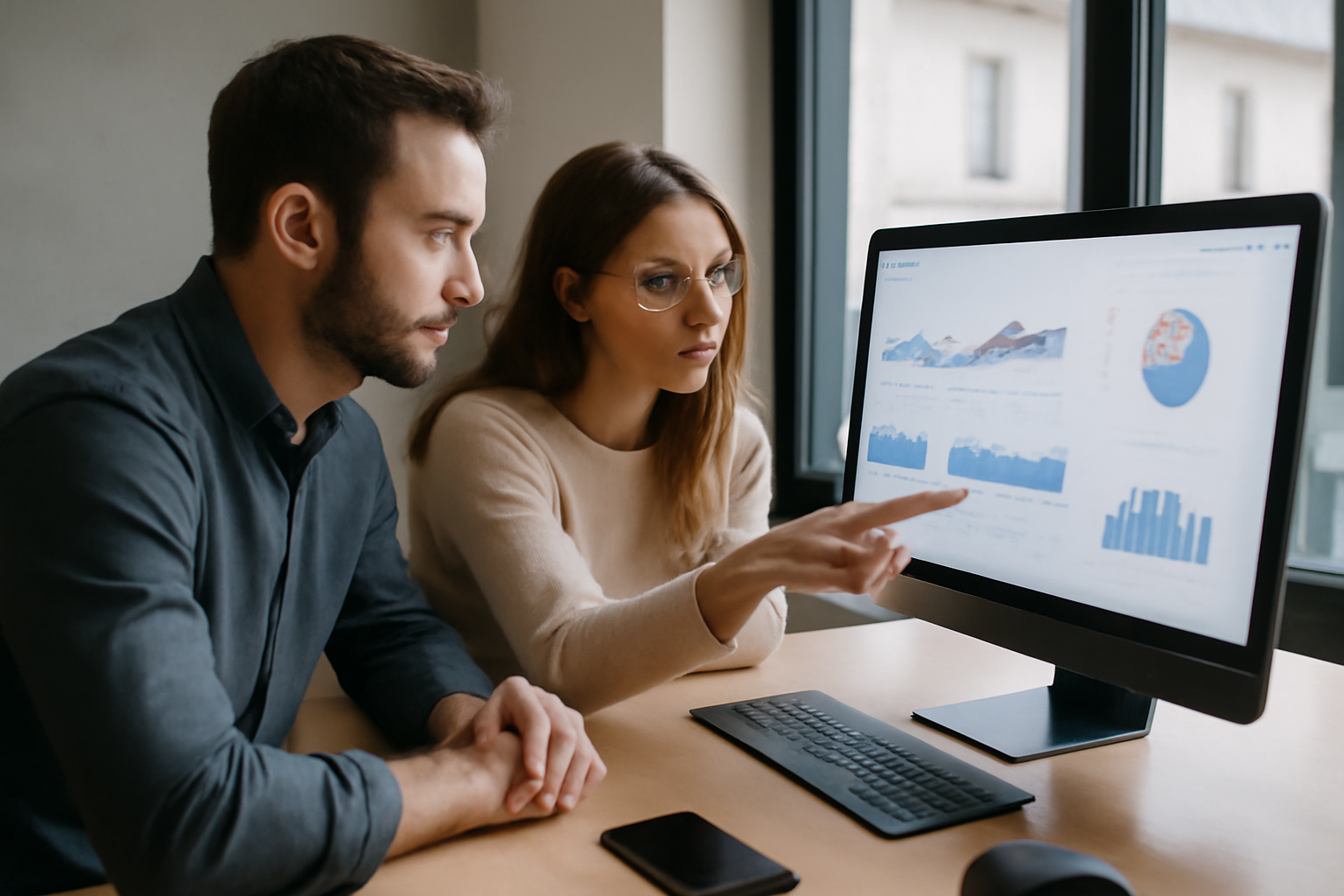 marketing digital définition : équipe marketing analysant un tableau de bord analytics sur ordinateur dans un bureau en France