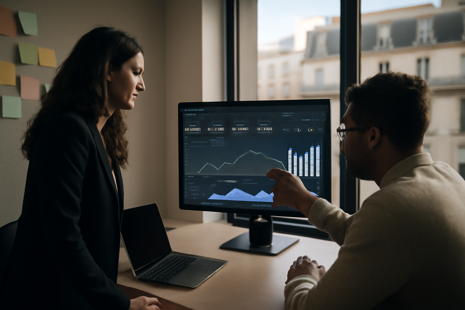 marketing funnel : équipe marketing analysant un tableau de bord KPI sur un écran dans un bureau lumineux