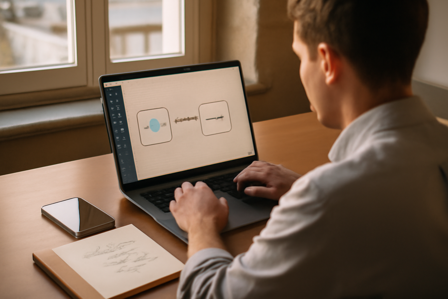 no code définition : une personne configure un workflow sur un écran avec des blocs et des connecteurs