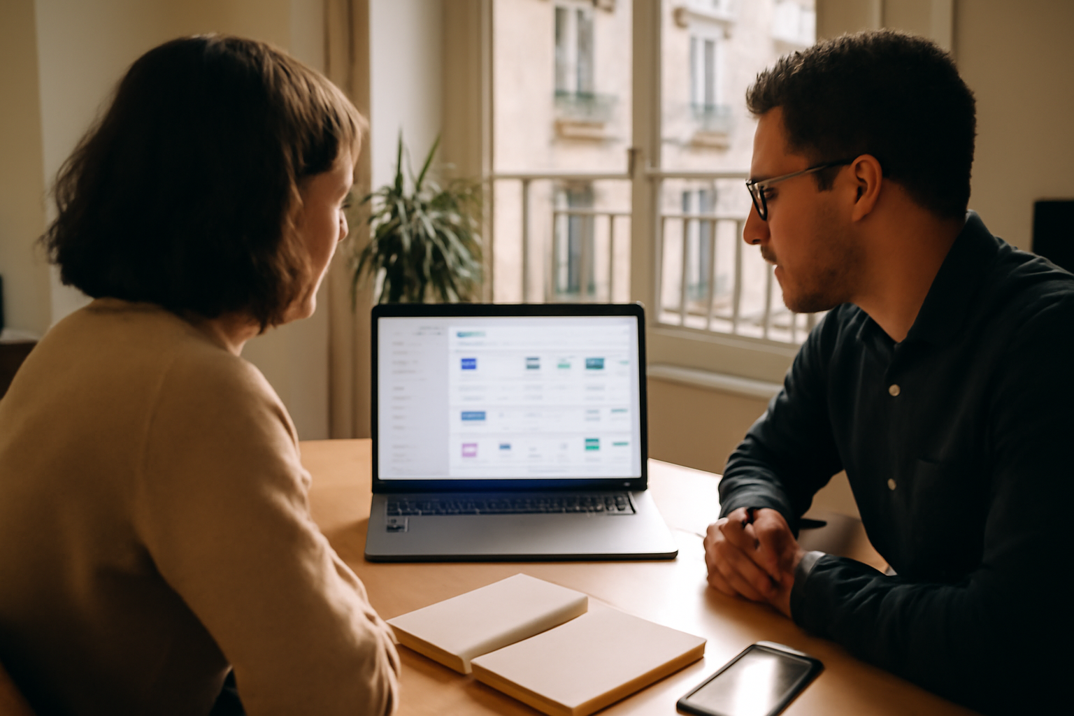 plateforme no code pour lancer un site et des automatisations sur un écran de bureau, équipe en réunion, lumière naturelle