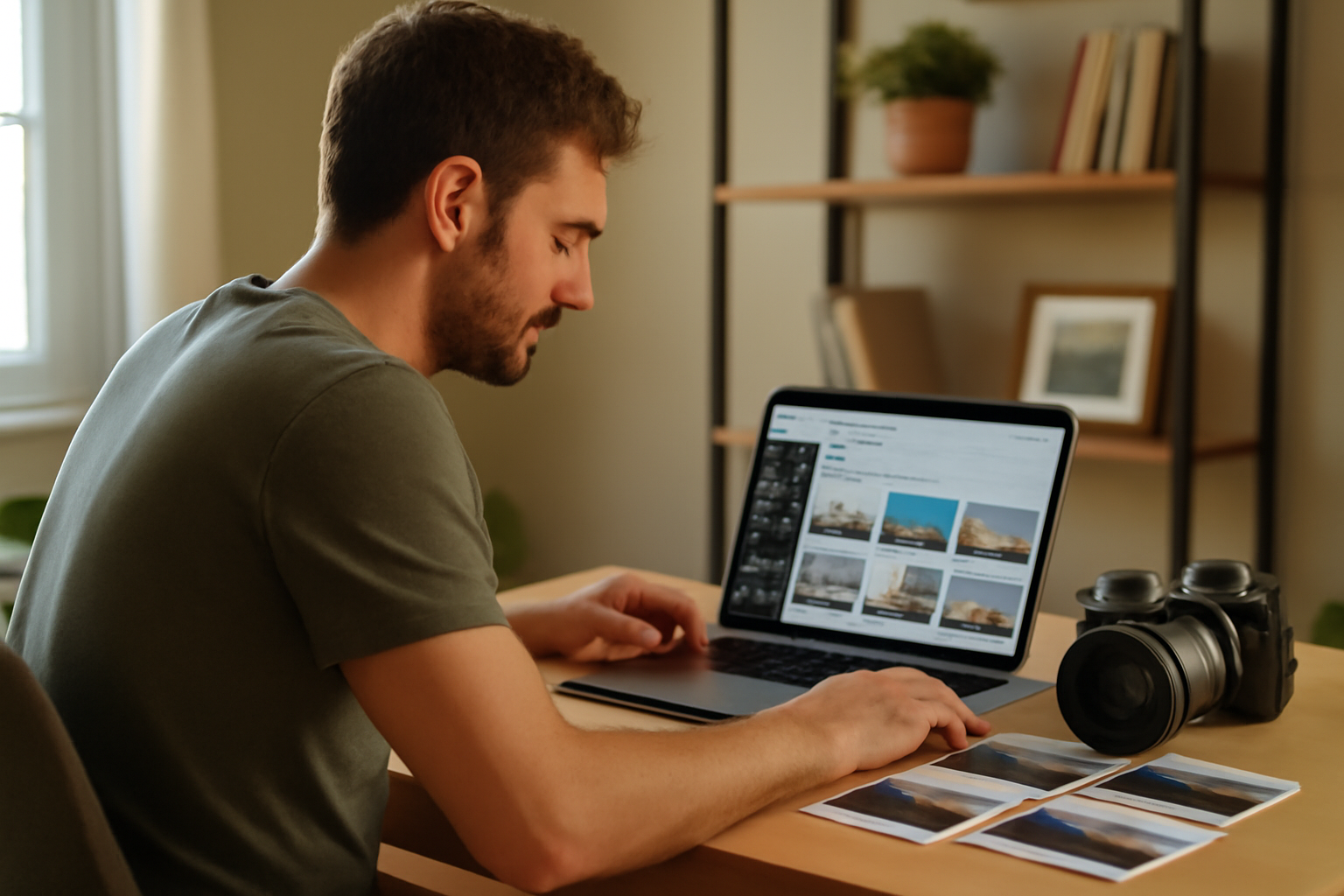 Vendre ses photos en ligne gratuitement : photographe sur ordinateur avec catalogue photo et écran de plateforme