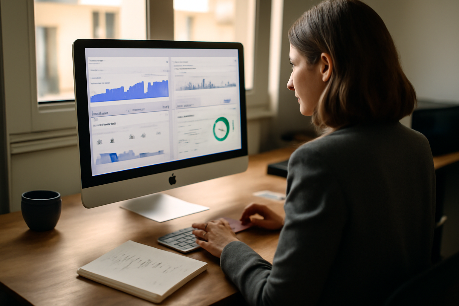 webmaster seo utilisant un tableau de bord SEO et Google Search Console sur écran, bureau en France, lumière naturelle
