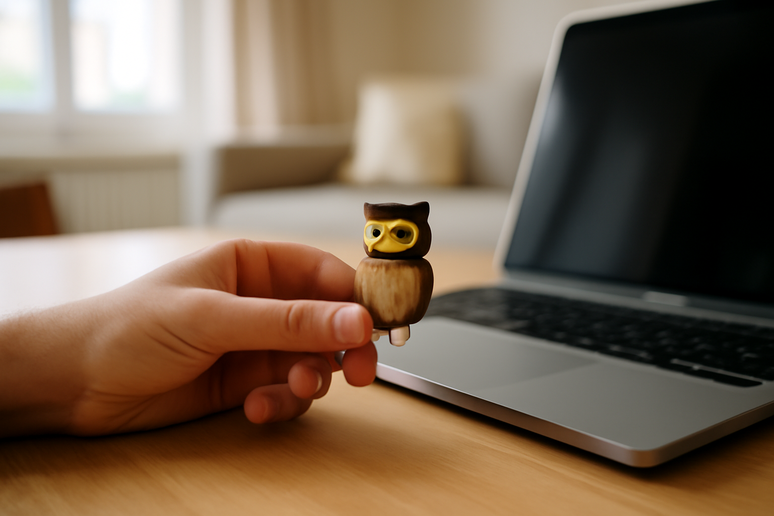 Clé usb originale avec design animal, connecteur protégé sur table en bois, lumière naturelle