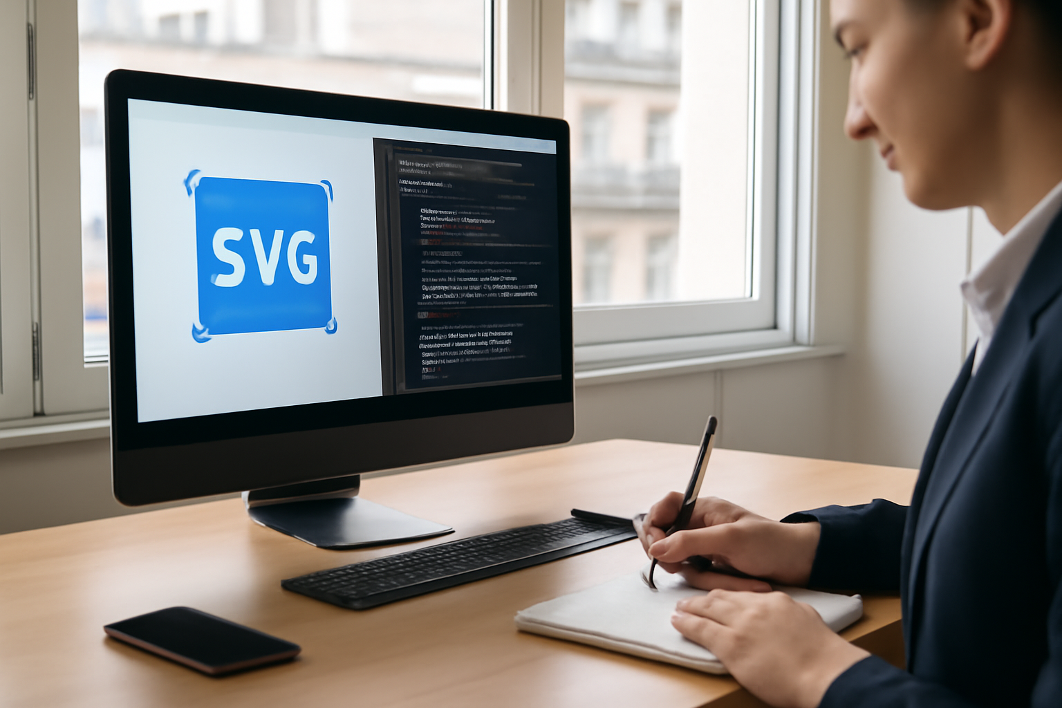 fichier svg ouvert dans un navigateur avec code XML à côté sur écran de bureau