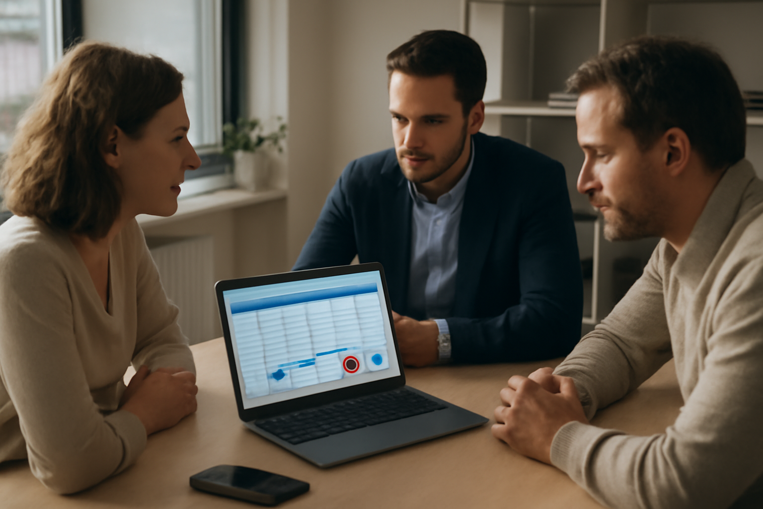 Équipe en réunion devant un tableau de bord CRM sur ordinateur portable avec l’interface hubspot crm affichée