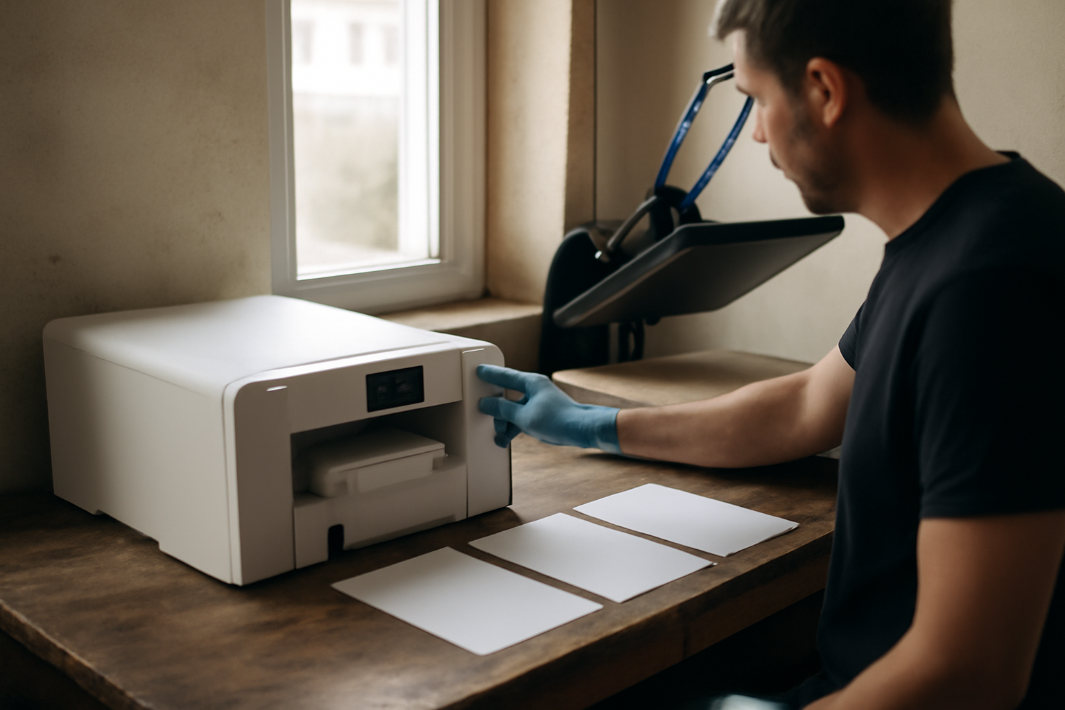Imprimante sublimation professionnelle et presse à chaud en atelier pour transferts sur supports polyester
