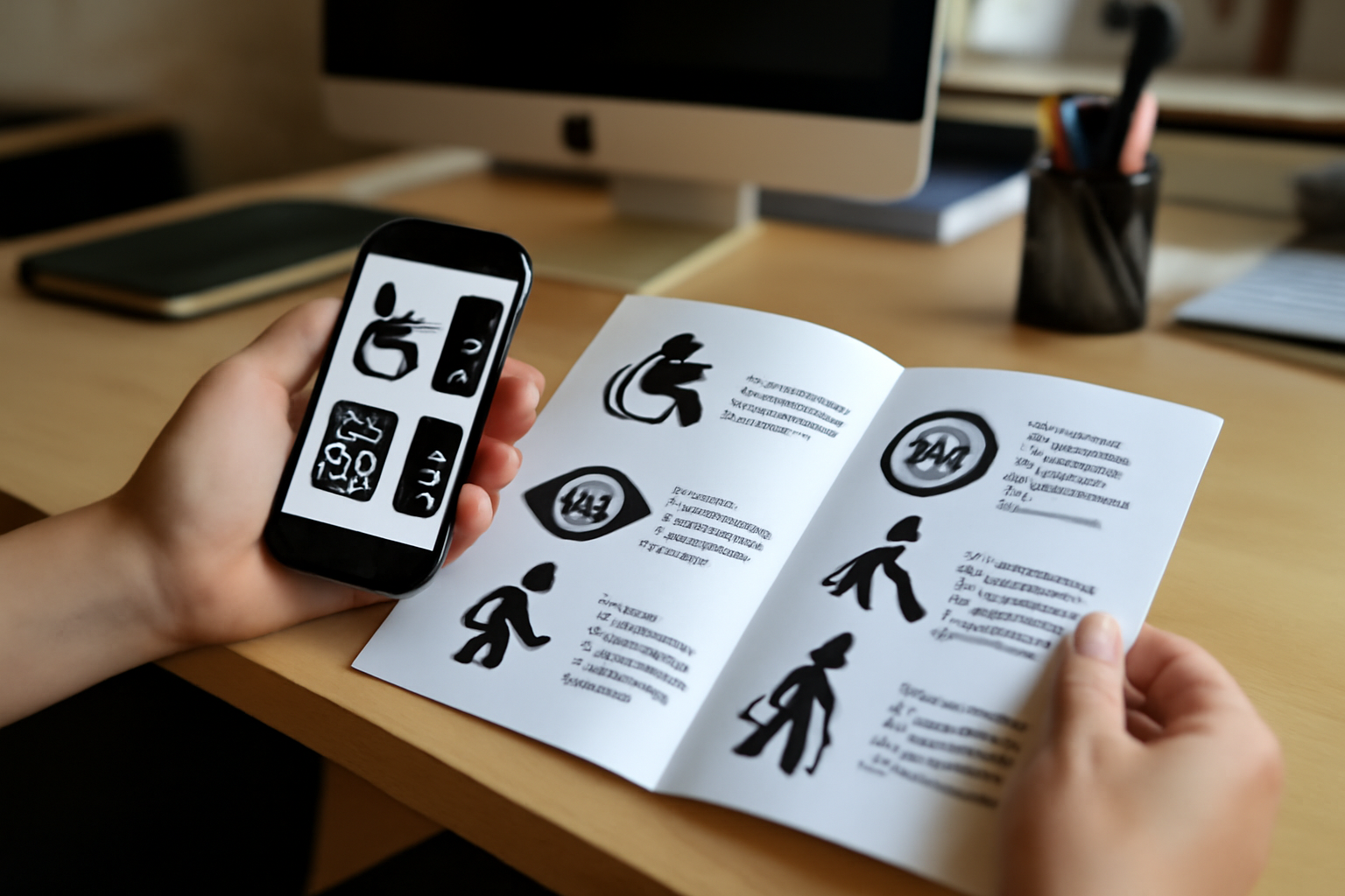 exemple de pictogrammes d’accessibilité utilisés avec libellés texte dans une brochure