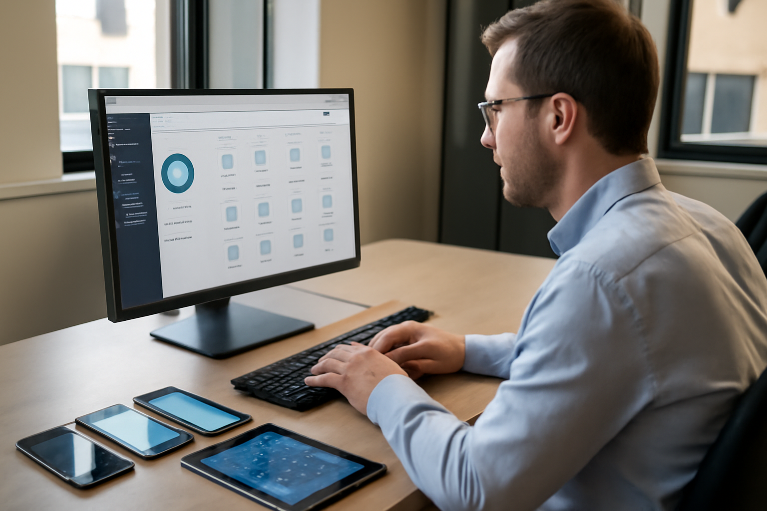 mdm mobile : un administrateur IT configure un tableau de bord sur écran et des smartphones d’entreprise sur un bureau