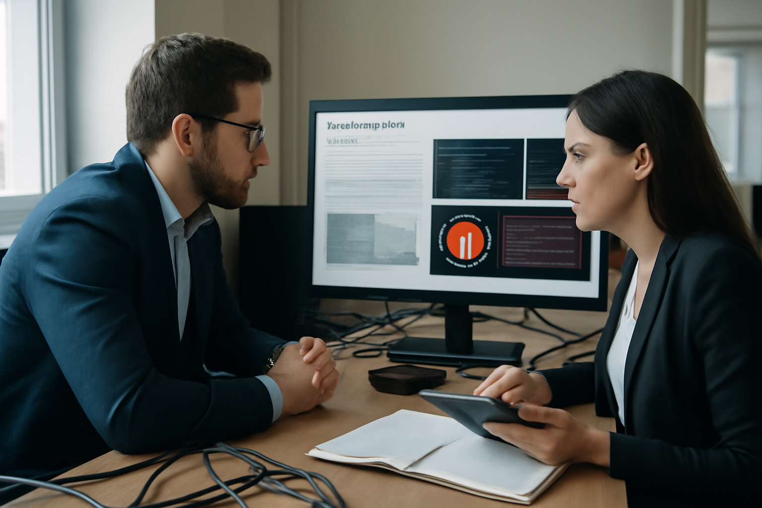 PTES dans un test d’intrusion : analystes sécurité examinant un rapport et des preuves sur écran, en salle de contrôle, lumière naturelle, scène photo réaliste
