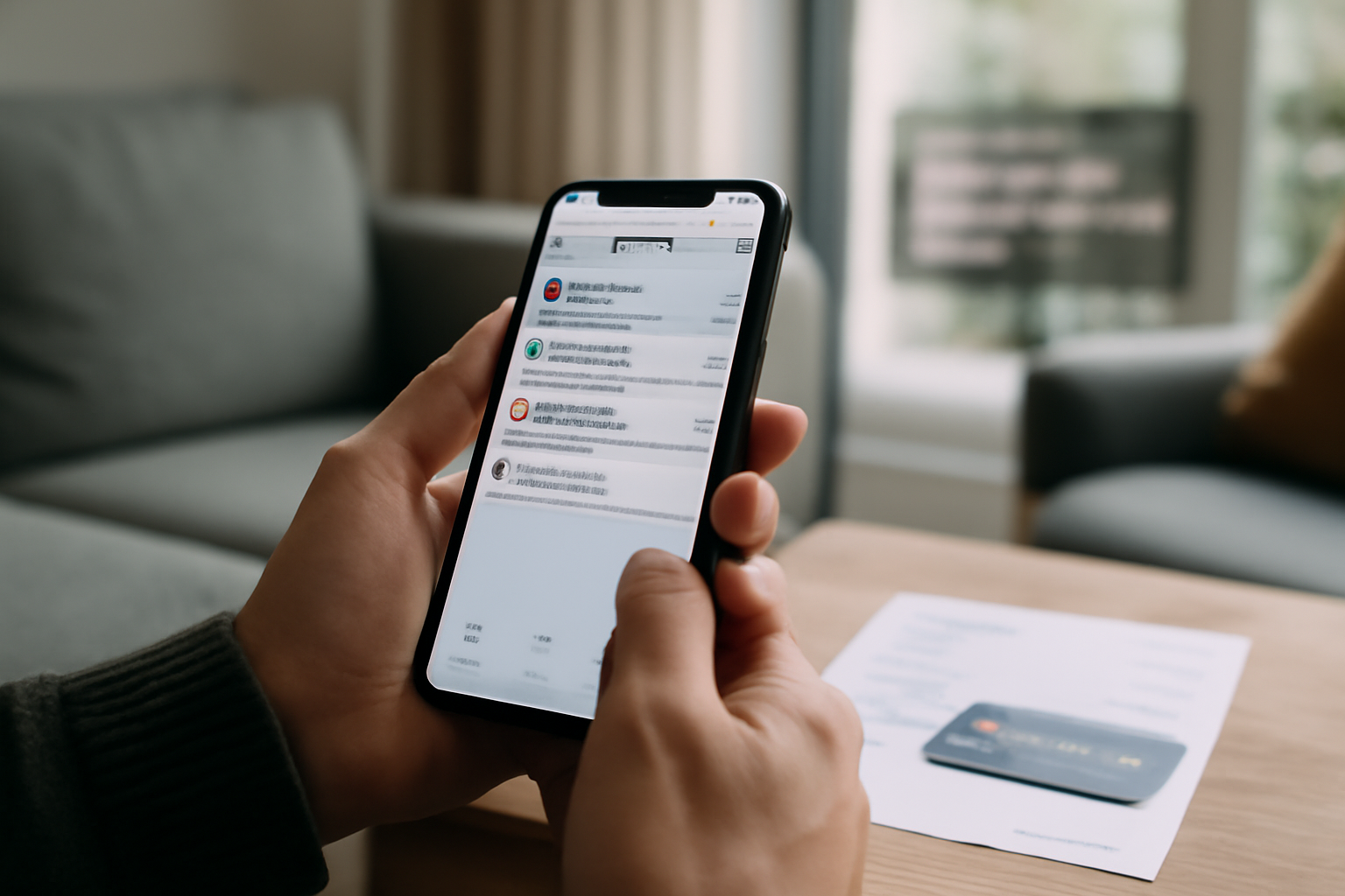 Une personne consulte l’application bancaire sur son téléphone, avec un message de fraude flouté à l’arrière-plan