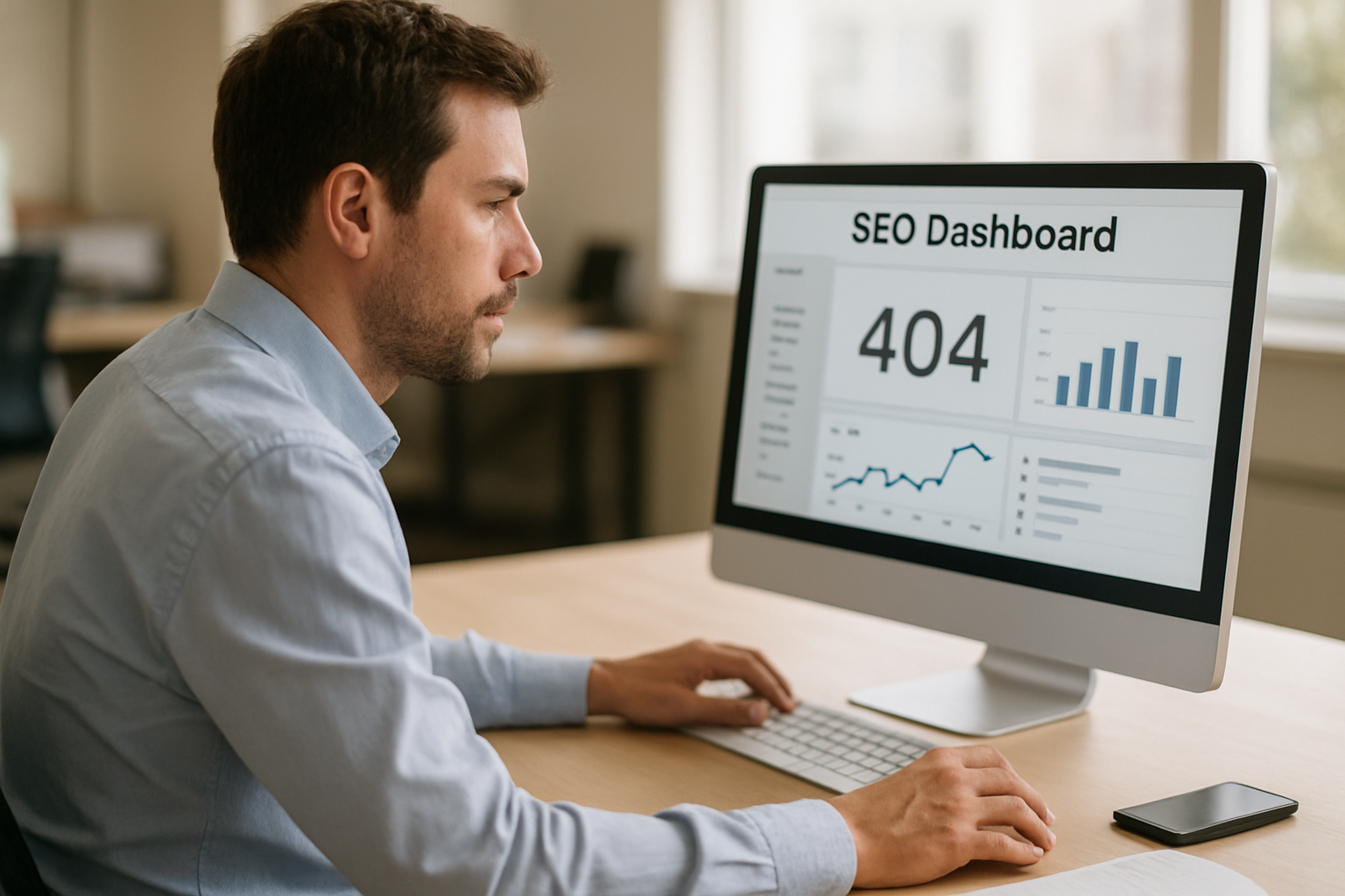 Capture d’écran d’un rapport d’erreurs 404 dans Google Search Console sur un écran avec documents SEO