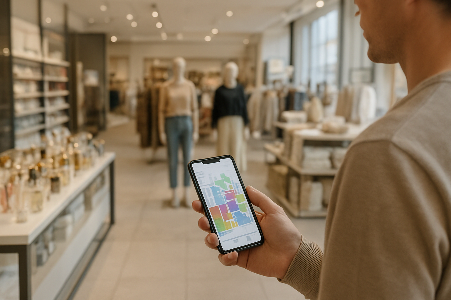 Plan de magasin d’un grand magasin avec rayons beauté, mode et maison sur un smartphone en boutique