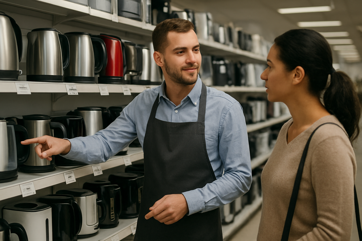 Rayon électroménager et accessoires avec étiquettes de prix et disponibilité en magasin
