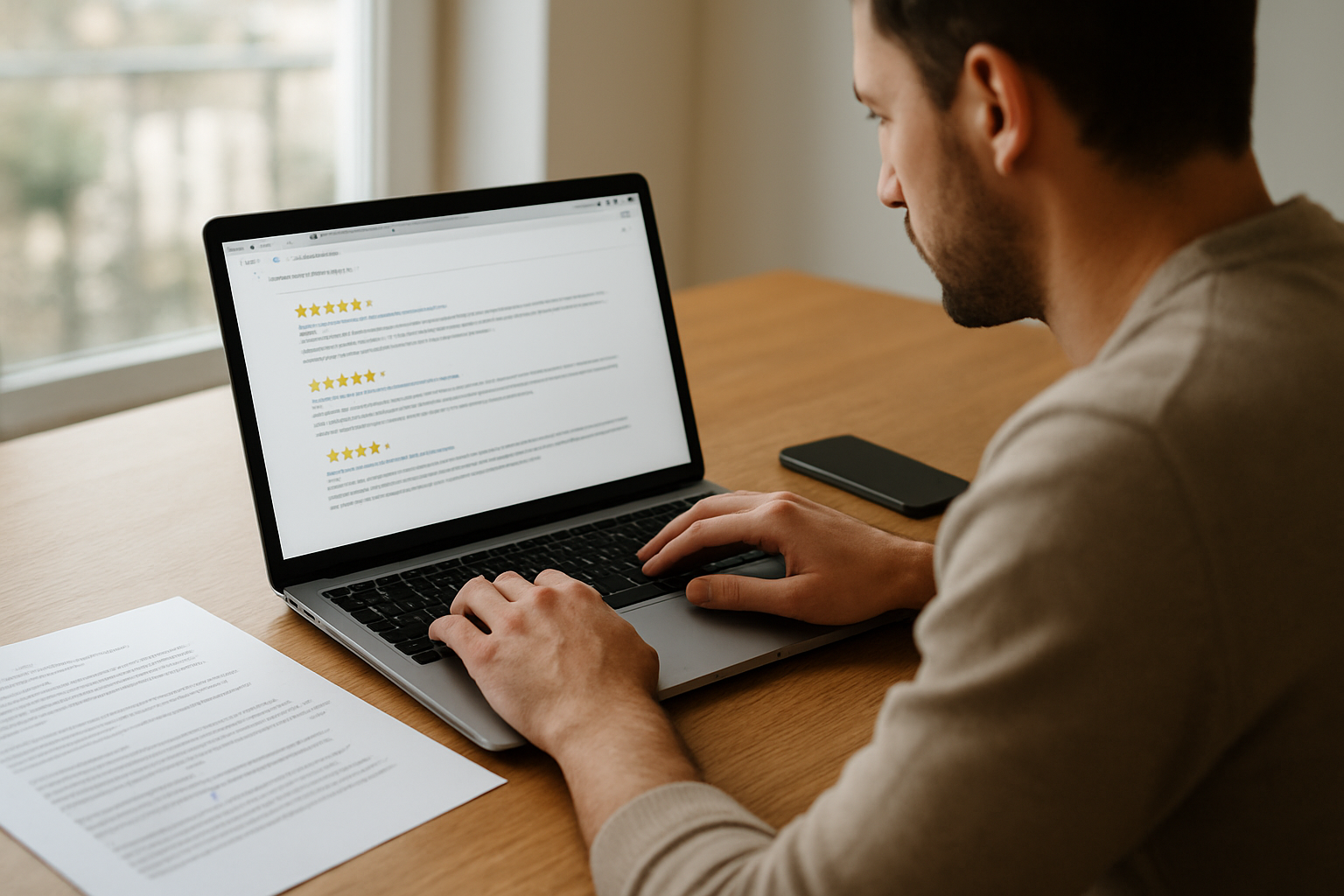 Lecture d’avis Fiverr sur un ordinateur, captures d’écran et portfolio d’un freelance sur un écran