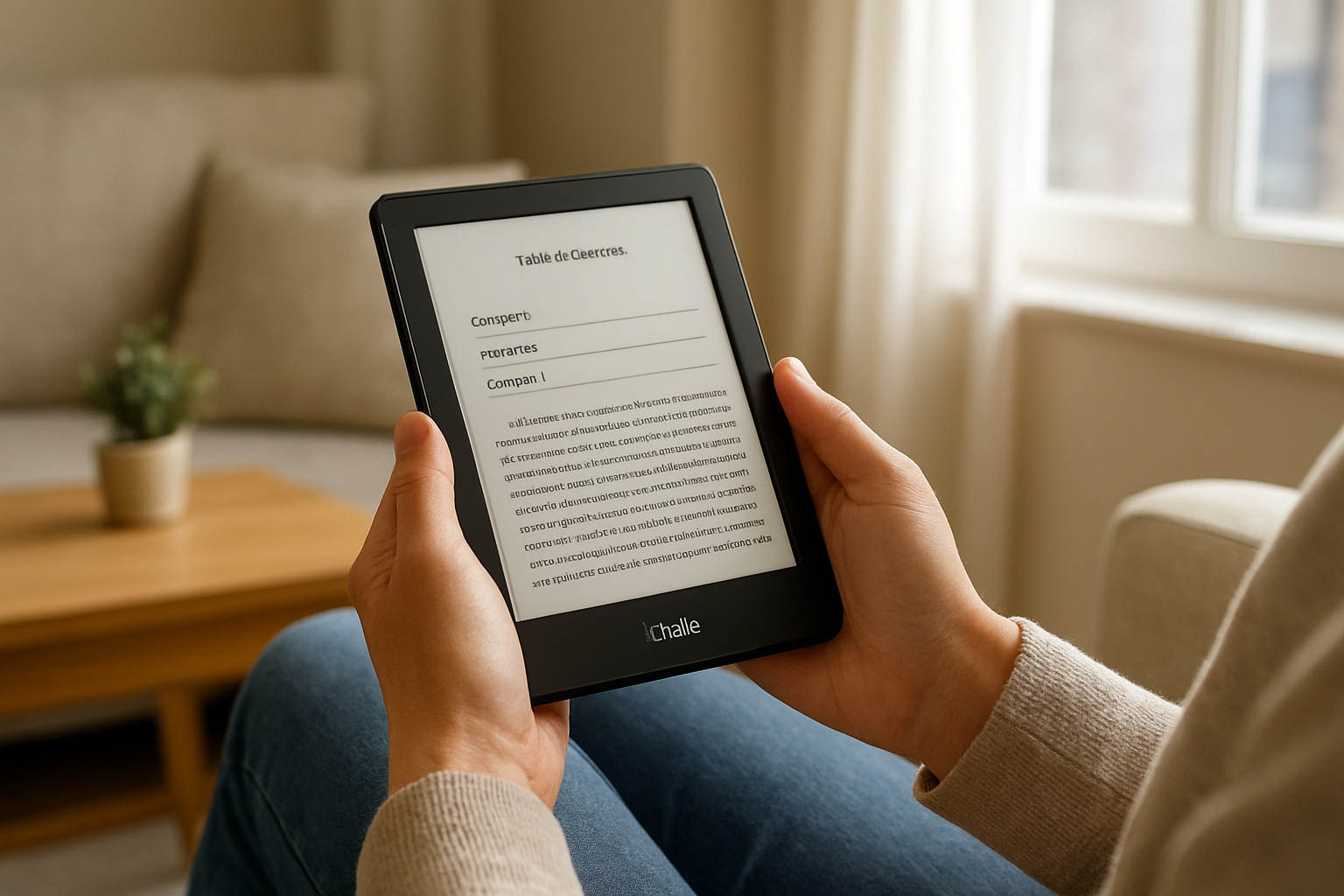 Personne lisant un ebook sur une liseuse Kindle avec un livre affiché en mise en page stable