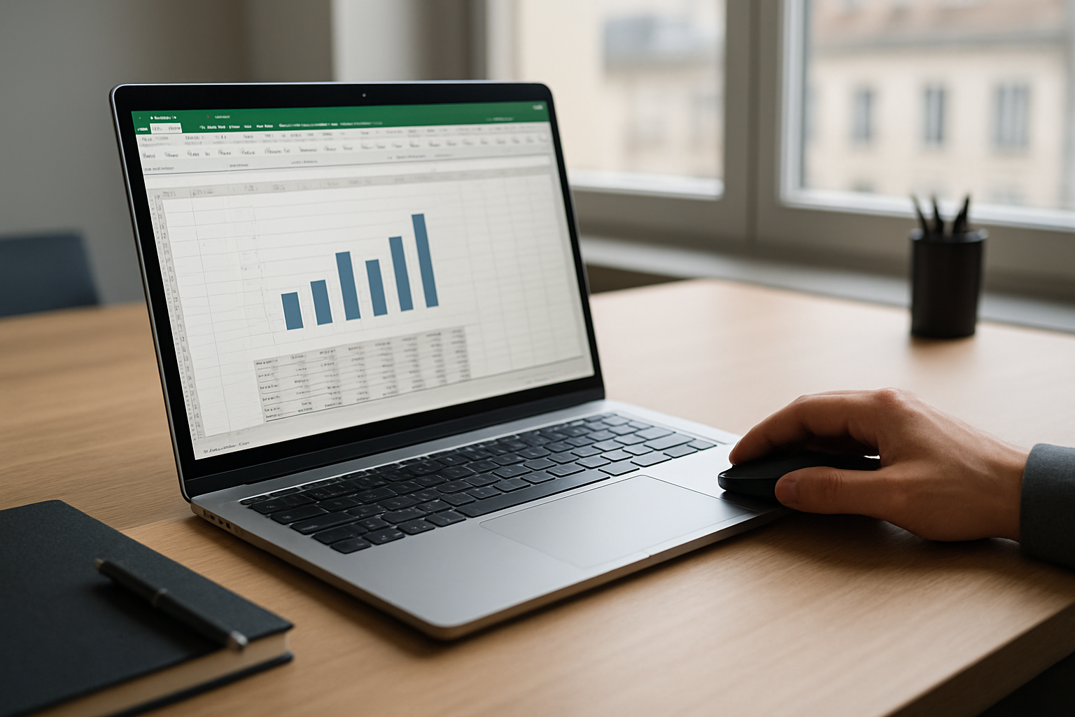 Personne travaillant sur un ordinateur avec Microsoft Excel affichant un graphique en barres, lumière naturelle, bureau moderne