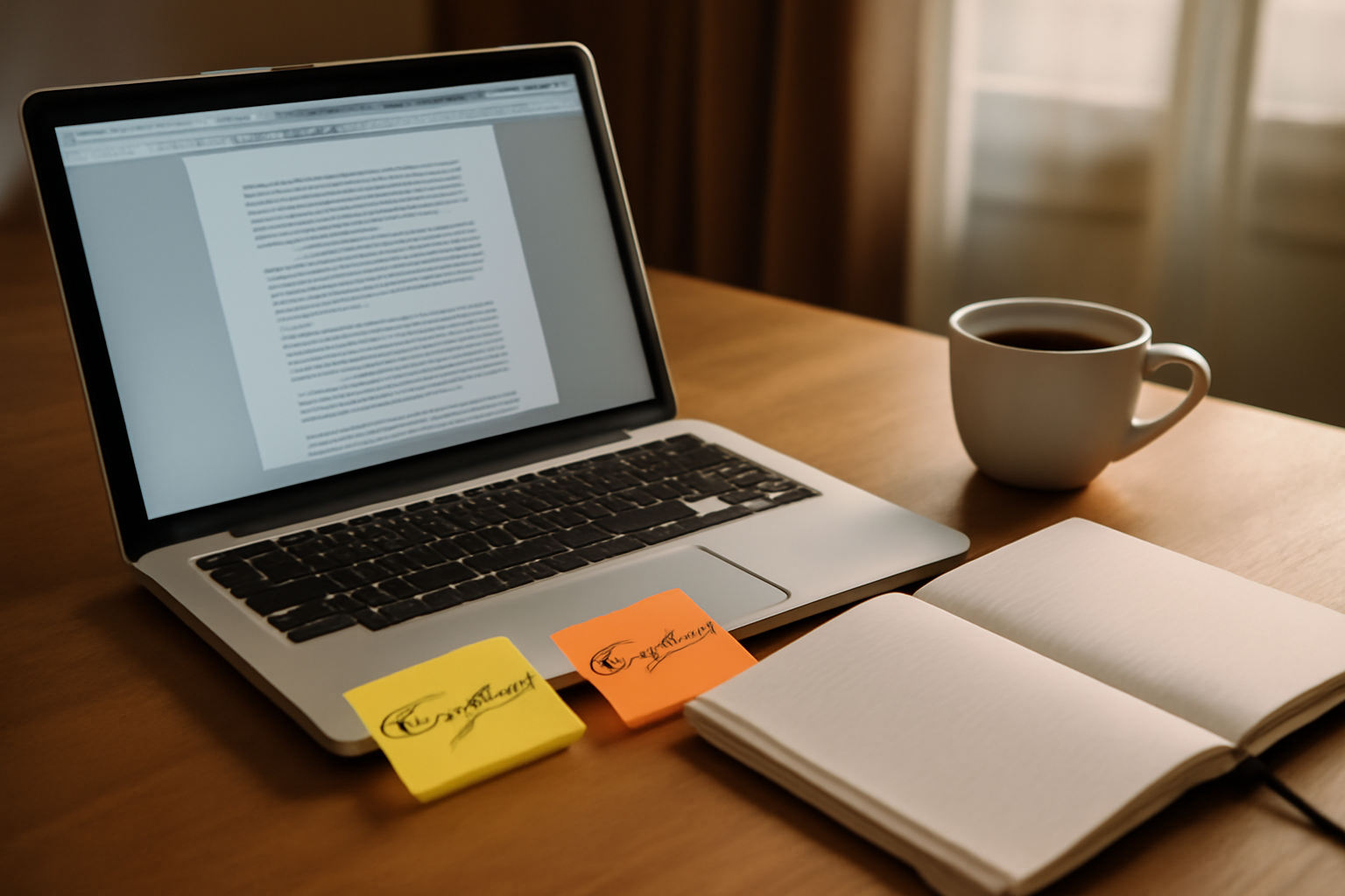 Checklist de recadrage pour humaniser un texte IA sur un bureau avec ordinateur et post-it