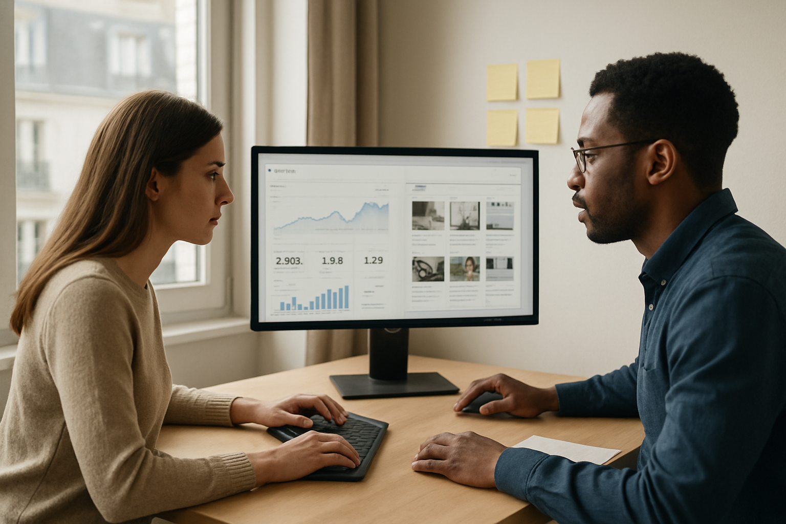 Équipe web travaillant sur un tableau de bord SEO et analytics dans une salle lumineuse