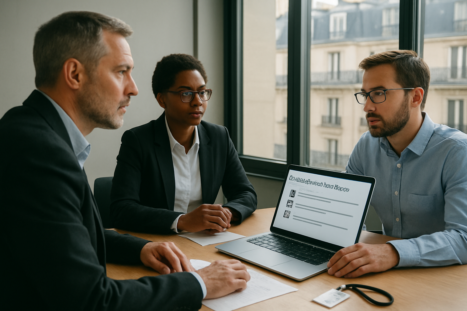 Équipe sécurité informatique consultant un rapport de conformité PCI DSS sur un écran dans une salle de réunion